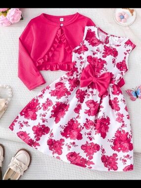 2pcs Set Girls Floral Pink Bow Party Dress with Matching Cardigan